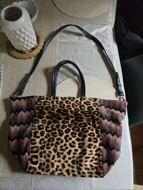Simone Camille Leopard Print & Pink Pattern Tote Bag with Black Leather Handles